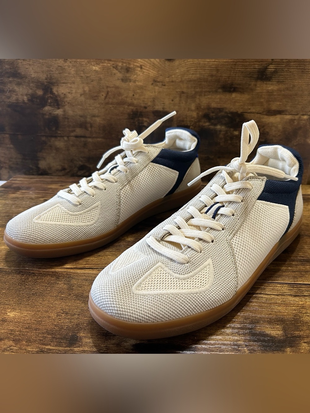 Rothy's Men's RS01 Sneaker Hudson in off-white, light khaki and navy